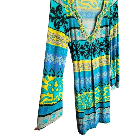 Hale Bob 100% Silk Beaded Trim Funky Print Dress Medium Long Sleeve Boho 90s - Picture 2 of 10